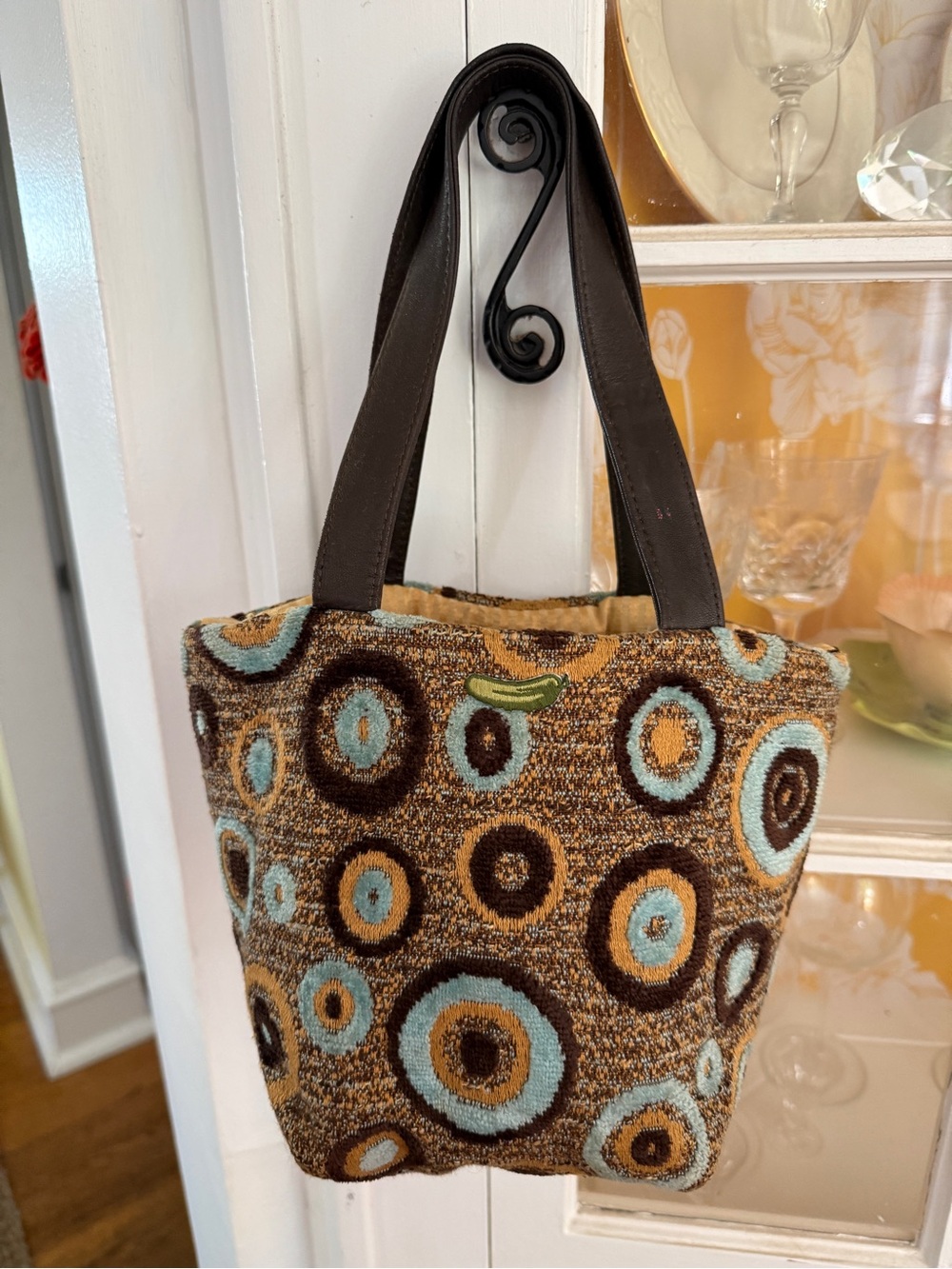 Viv Pickle Bag Patterned Hand Bag with Aqua & Tan Accents